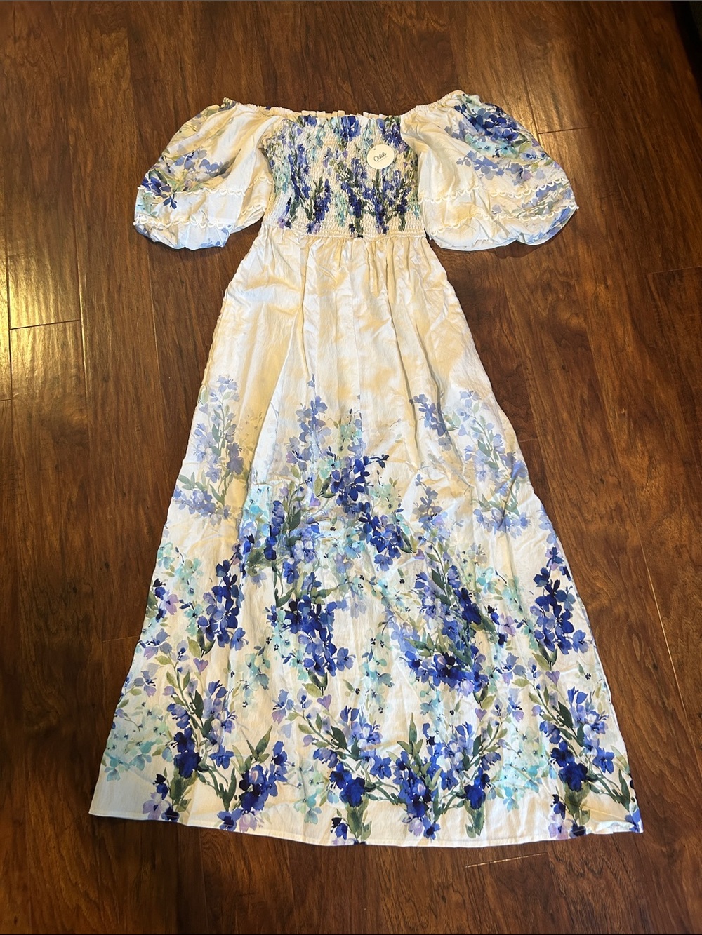 Ivory  watercolor smocked Maxi Dress with Blue Floral Border
